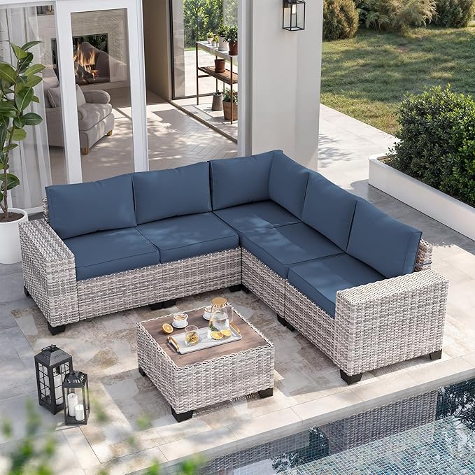 6-Piece Outdoor Patio Furniture Set Wicker Rattan Sectional Sofa Set, Patio Conversation Set with Thickened Cushions & Coffee Table for Garden, Backyard, Navy Blue