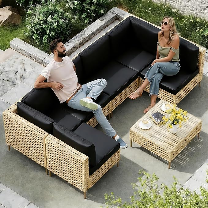 LHBcraft 7-Piece Wicker Outdoor Patio Furniture Set, Modular Rattan Outdoor Furniture, Patio Conversation Sets, Handmade Rattan, Water Resistant Fluffy Cushions and Coffee Table, Black