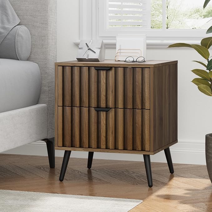 Smuxee Walnut Wooden Night Stand Set of 2, Mid Century Nightstand with 2 Fluted Drawers, Bedside Table with Open Shelf, Modern End Side Table for Bedroom - Image 8