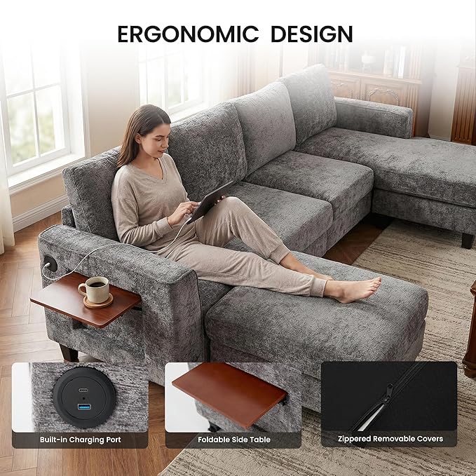 118" Sectional U-Shaped Cloud Couch, Modular Modern 4-Seat Sofa, with USB Type C Ports, Foldable Side Table and 2 Ottomans, for Home Living Room, Grey