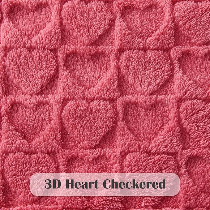NEWCOSPLAY Super Soft Queen Blanket Coral Pink Love Premium Silky Flannel Fleece 3D Heart Checkered Lightweight Bed Blanket All Season Use (Coral Pink Love, Queen(90"x90"))