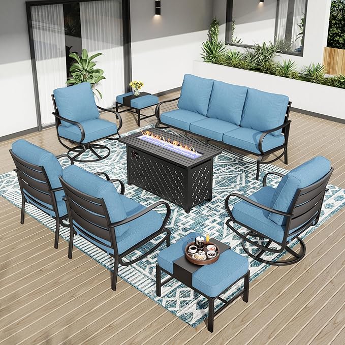 PHI VILLA Outdoor Patio Furniture Set, Swivel Sofa Chairs & 3 Deep Seat Sofa Bench, Gas Firepit Table, Upgraded Fabric Suitable for Outdoor Use, 8 PCS Navy Blue