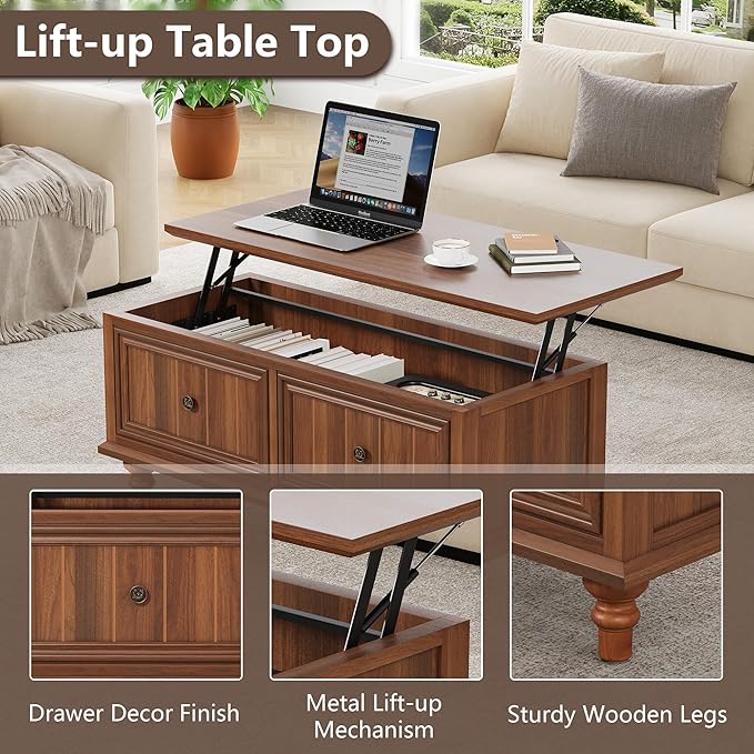 39" Lift Top Coffee Table, Wood Center Table with Storage, Retro Coffee Tables Rectangular Dining Table for Living Room Home Office Small Space (Walnut)