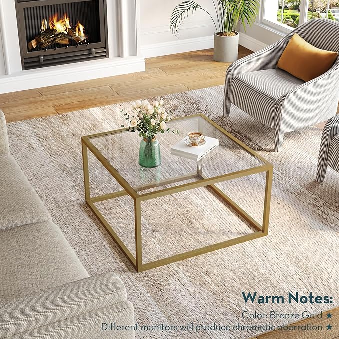 SAYGOER Glass Coffee Table Modern Coffee Tables for Living Room Square Minimalist Center Tables for Home Office 26.7 x 26.7 x 17.7, Gold