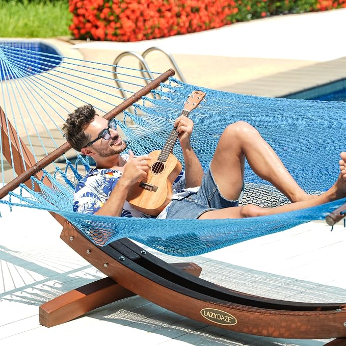 Lazy Daze Hammocks 10.5 FT Double 2 Person Caribbean Rope Hammock, Hand Woven Polyester Hammock with Spreader Bars, for Outside Outdoor Backyard Patio Poolside, 450 LBS Capacity, Sky Blue - Image 2