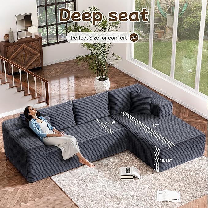 L-Shape Cloud Sectional Sofa, 104” Modern Modular Boneless Couch with Left Chaise Lounge, Compressed Floor Sofa with 5 Pillows & Deep Seat, Flannel Velvet Couch for Living Room, Dark Gray