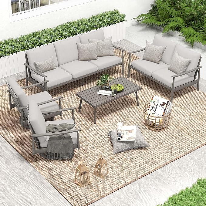 HAPPATIO Outdoor Furniture Set - 5 Piece Aluminum Patio Conversation Set with 1 Coffee Table, 2 Swivel Chairs, Loveseat and 3-Seat Sofa, Aluminum Patio Furniture Set for Backyard Deck Poolside (Grey)