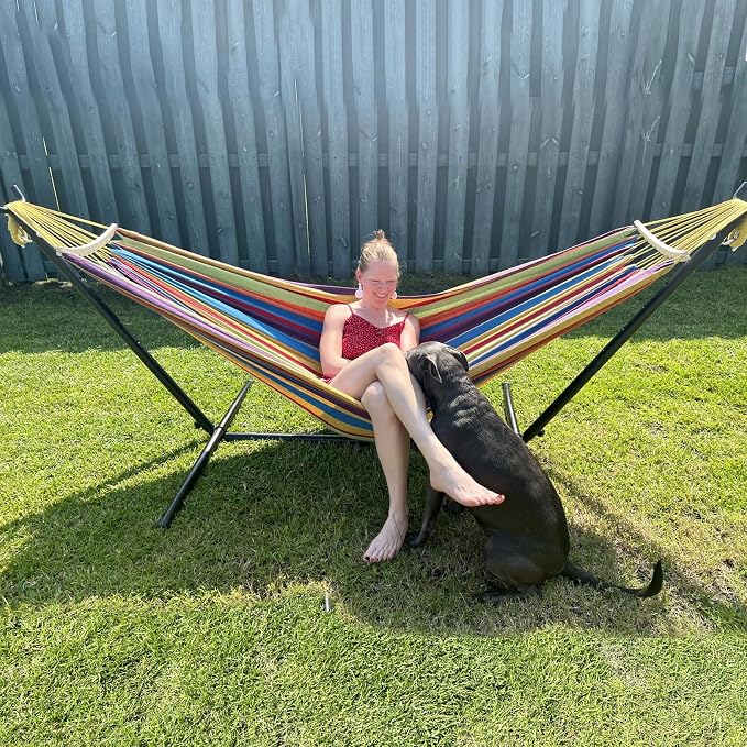 SZHLUX Double Hammock with Stand for Outside 450lb Capacity Steel Stand, Premium Carry Bag Included and Two Anti Roll Balance Beam - Image 3