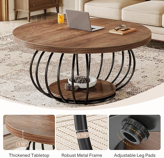 Tribesigns Round Coffee Table for Living Room, 39.4" Industrial Wooden 2-Tier Circle Accent Center Cocktail Table with Storage Shelf and Metal Frame, Rustic Brown & Black