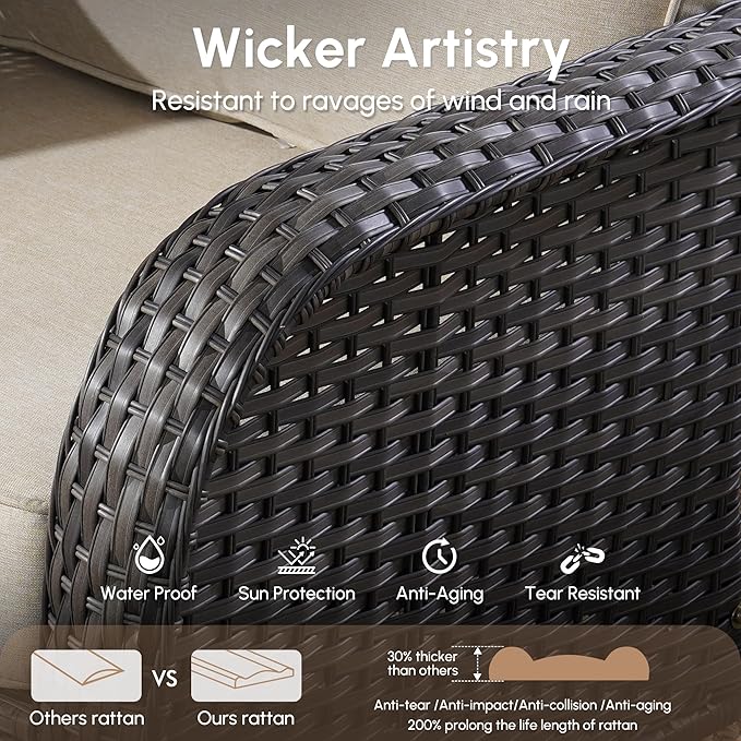 2 Pieces Wicker Patio Furniture Loveseat with Table - Outdoor Rattan Patio Bistro Set of 2,All-Weather PE Wicker Conversation Sofa High Back Deep Seating for Deck Porch Yard,Beige