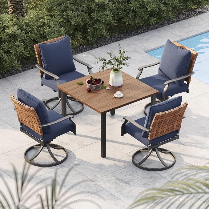 Grand patio 5-Piece Outdoor Dining Set, 4 Leather-Look Wicker Swivel Blue Patio Chairs & 1 Square Woodgrain Dining Table, Brown by GrandPatio