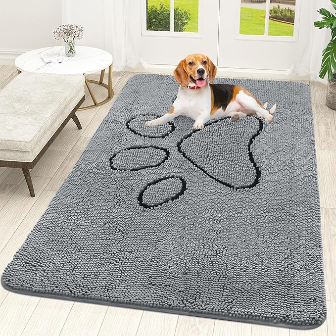 OLANLY Dog Door Mat for Muddy Paws 59x35, Paw Print Design, Absorbs Moisture and Dirt, Absorbent Non-Slip Washable Doormat, Quick Dry Chenille Mud Mat for Dogs, Entry Indoor Entryway Carpet, Grey by OLANLY