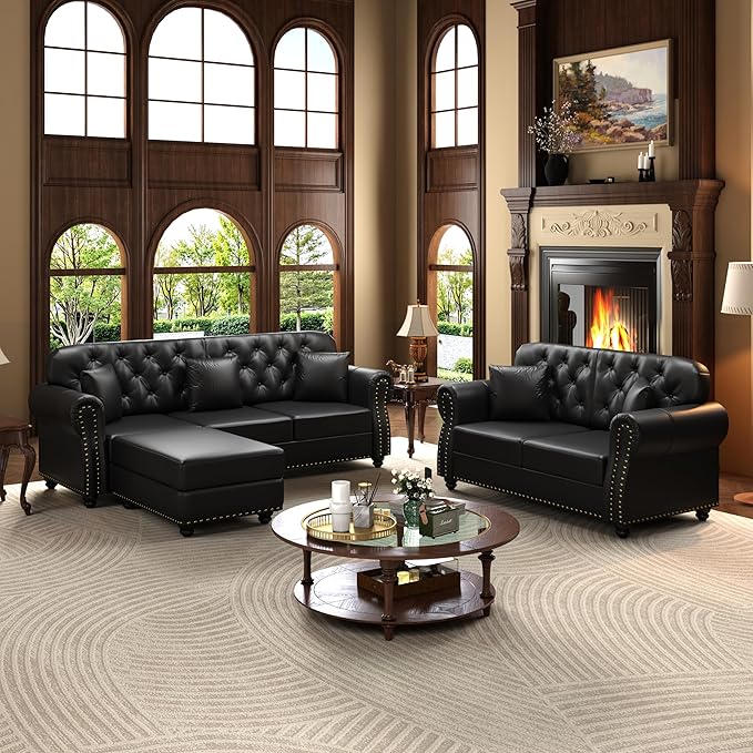 KEIKI 2-Piece Chesterfield Sofa Set with 1 Faux Leather 3-Seater Sofa & 1 Loveseat Sofa, Upholstered 5-Seater Couch Set with Nailhead Trim & Rolled Arms & 1 Ottoman & 5 Pillow, for Living Room, Black