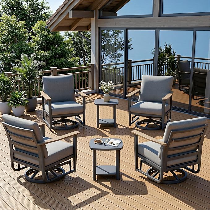 6-Piece Aluminum Patio Rocking Swivel Chair Outdoor Bistro Set, Patio Conversation Set Outdoor Patio Furniture Set with High Backrest & Thickened Cushions for Garden, Deck and Balcony, Grey