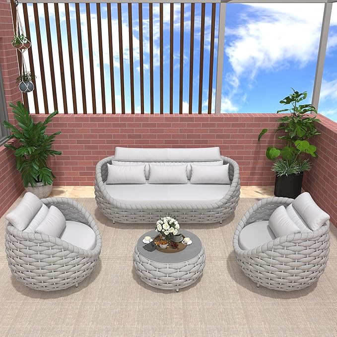 TWT Aluminum Modern Patio Set Three Seater Sofa Outdoor Furniture Set w/Coffee Table,Patio Conversation Set with Hand Woven Teslin Rope for Bedroom Backyard Poolside, Light Grey