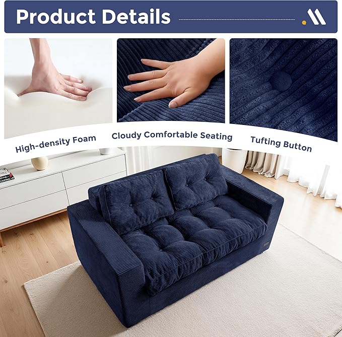 MAXYOYO Loveseat Sofa Couch, Upholstered Bean Bag Chair Cloud 2-Seat for Adults, Boneless Couch with Tufted Cushion & Pillows, Sofa in A Box, No Assembly Required, Navy