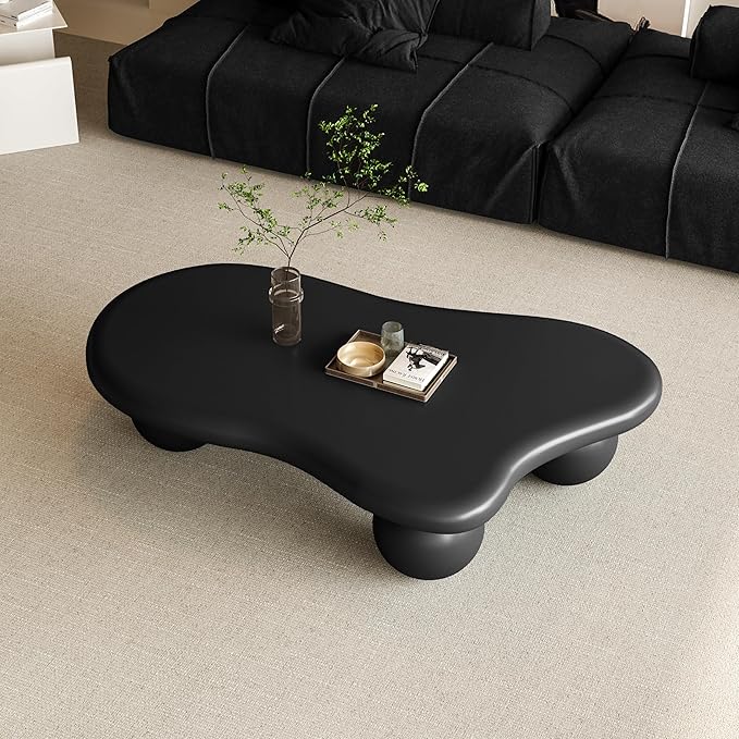 47.2” Cloud Coffee Table with 3 Ball Legs, Modern Irregular Center Table for Living Room, Low Cute Small MDF Tea Table for Bedroom, Space Apartment-Black