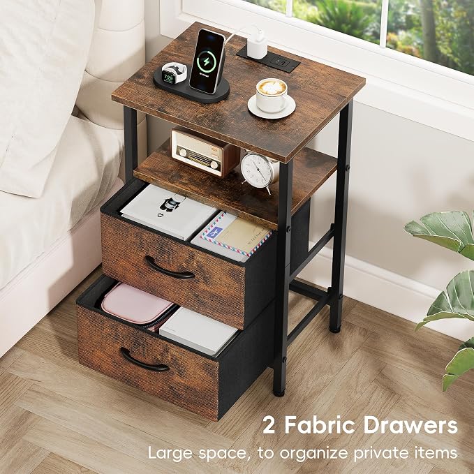 Vagusicc Nightstand Set of 2, Rustic Brown, with Charging Station and USB Ports, Bedside Table with 2 Fabric Drawers, 24.2" Tall Side Table with Storage Shelf,Small Night Stand for Bedroom/Living Room - Image 4