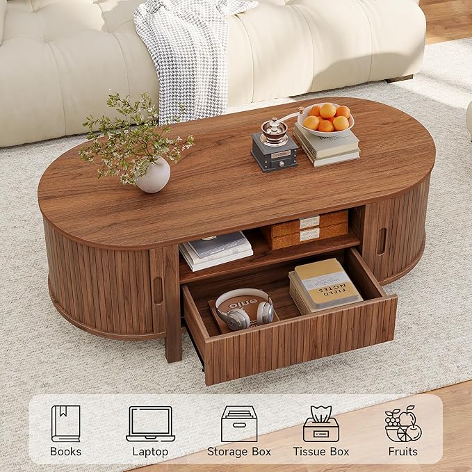 47" Oval Coffee Table, Tambour Design Coffee Tables for Living Room, Mid Century Modern Wood Coffee Table, 3-Tier Accent Center Table with Storage, Large Drawer, Walnut