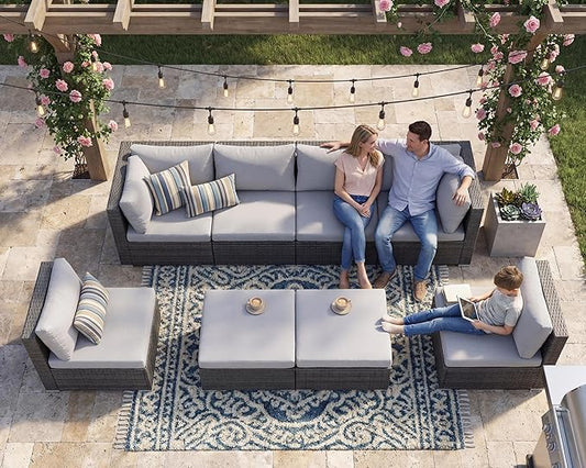 NICESOUL 8 Person Outdoor Patio Furniture Set, Extra Large Wicker Sectional Sofa with Ottoman, All-Weather Wide and Deep Seating Conversations for Outside Garden, 29.3'' High Back Comfy Couches,Grey