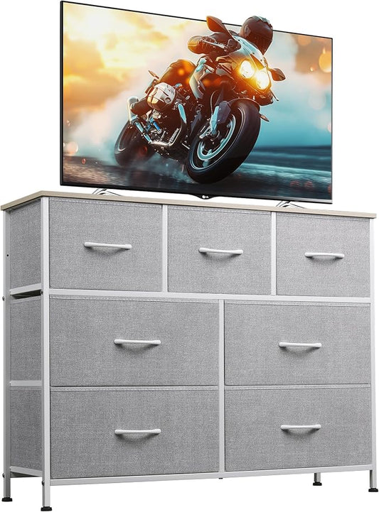 WLIVE 7 Drawer Dresser TV Stand, Entertainment Center, Media Console Table with Metal Frame and Wood Top for TV up to 45 inch, Chest of Drawers for Bedroom, Living Room, Light Grey by WLIVE