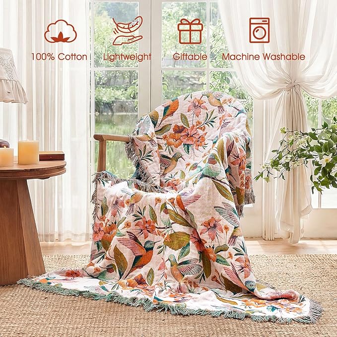 Boho Throw Blanket - 90"x90" 100% Cotton Ultra Soft Lightweight Spring Blanket, 4-Layer Breathable Muslin Blankets for Bed Couch, Reversible Blue Floral Bird Printed Bohemian Cotton Quilt