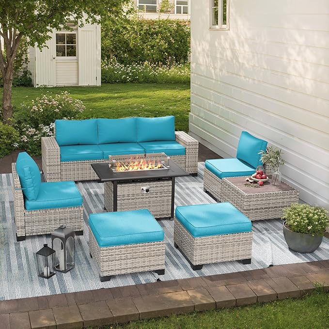 9-Piece Outdoor Patio Furniture Set with 55,000 BTU Fire Pit Table, PE Wicker Rattan Sectional Sofa Patio Conversation Set with Ottomans & Coffee Table, Turquoise