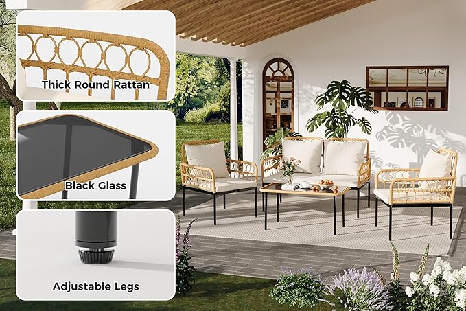 4 Pieces Outdoor Patio Furniture Set with Table - Rattan Balcony Furniture for Porch or Deck, Includes Chaise Lounge, 2 Armchairs with Cushions and Pillows for Porch Backyard Lawn Poolside Deck, Beige