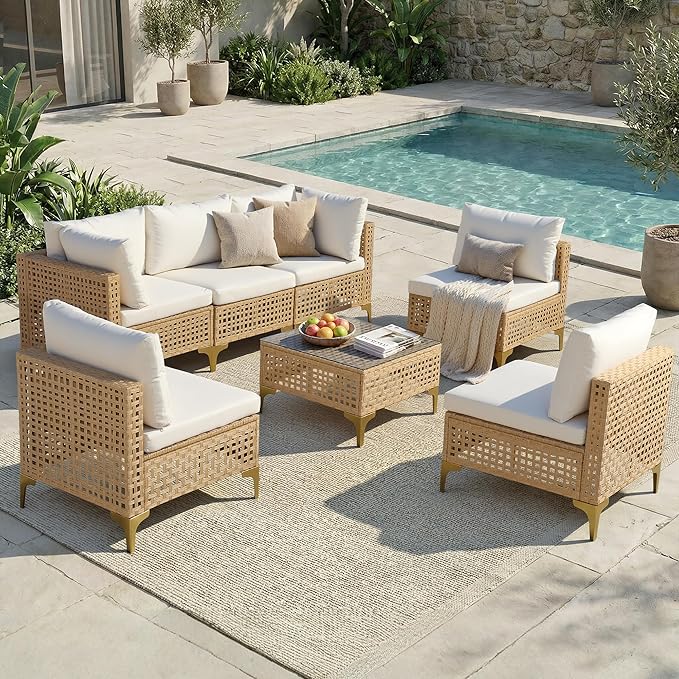 FHFO Oversized Patio Furniture Set, 7-Piece Wicker Patio Sectional Sofa Couch, Rattan Outdoor Conversation Set with Thick Cushion & Tempered Glass Coffee Table for Porch, Backyard, Yellow/Beige