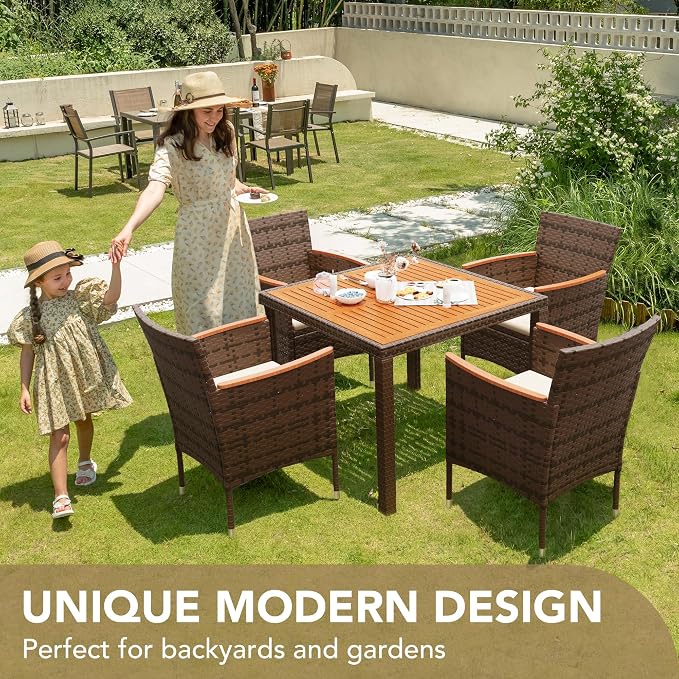 Devoko 5 PCS Furniture, Patio Conversation Set with Acacia Wood Top, Rattan Outdoor Dining Table and Chairs for Backyard, Garden, Deck, Brown - Image 3