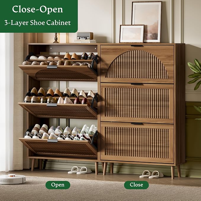 Xixini Shoe Storage Cabinet with 3 Flip Drawers, 50" Tall Narrow Wood Fluted Shoe Organizer for Entryway, Freestanding Wooden Hidden Slim Shoe Rack for Front Door Entrance, Hallway, Foyer, Dark Walnut - Image 5