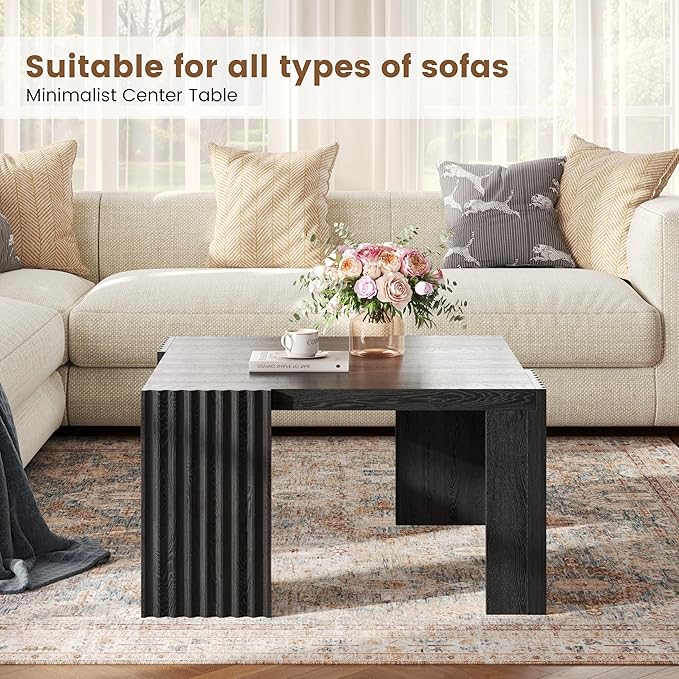 Luoxiao 27.5" Black Square Coffee Table Fluted Mid-Century Modern Living Room Table, Square Wooden Center Table with Quilted Footpads for Apartments, Small Homes, Easy Assembly
