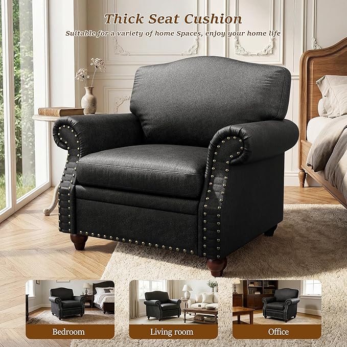 Single Sofa Chair, Faux Leather Nailhead Armchair, Rolled Arm Accent Chair for Living Room, Wood Legs, Traditional Single Couch Chair for Apartment, Farmhouse (Black, Set of 1)