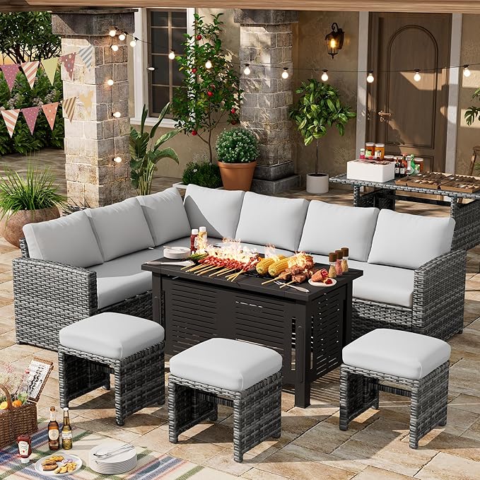 U-MAX 7 Pieces Patio Furniture Set with 43" Fire Pit Table, Outdoor Sectional Sofa Conversation Set, All Weather Wicker Rattan Dining Table & Chair with Ottoman, Grey Rattan&Light Grey Cushion