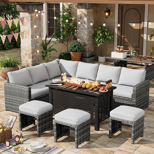 U-MAX 7 Pieces Patio Furniture Set with 43" Fire Pit Table, Outdoor Sectional Sofa Conversation Set, All Weather Wicker Rattan Dining Table & Chair with Ottoman, Grey Rattan&Light Grey Cushion
