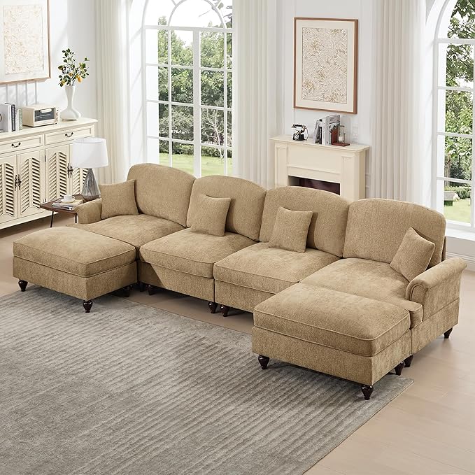 KEIKI Mid Century Modular Sofa with Flared Arms and Skirted Design, 137“ Oversized 4-Seater with 2 Ottomans Luxury Chenille U-Shaped Sectional Couches for Living Room, Chaise Lounge, Light Coffee