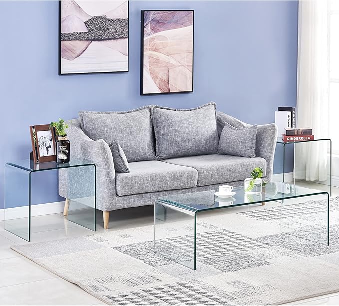 Tempered Glass Coffee Table, Small Clear Modern Coffee Tables with Rounded Edges Bent Home Office Furniture,Glass Sofa End Table 39.4" x 19.7" x 13.8"H
