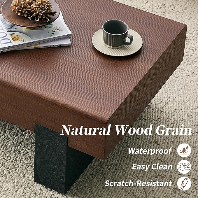 Walnut Wood Coffee Table with Storage Modern Small Coffee Table for Living Room Rectangle Farmhouse Center Table Thick Tabletop