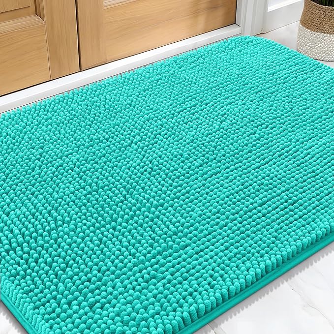 OLANLY Dog Door Mat for Muddy Paws 30x20, Absorbs Moisture and Dirt, Absorbent Non-Slip Washable Doormat, Quick Dry Chenille Mud Mat for Dogs, Entry Indoor Entryway Carpet for Inside Floor, Teal by OLANLY