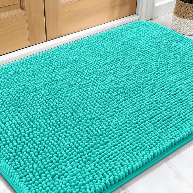 OLANLY Dog Door Mat for Muddy Paws 32x20, Absorbs Moisture and Dirt, Absorbent Non-Slip Washable Doormat, Quick Dry Chenille Mud Mat for Dogs, Entry Indoor Entryway Carpet for Inside Floor, Teal by OLANLY