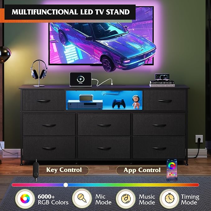 WLIVE Black Dresser TV Stand for 50, 55, 65 inch TV, Entertainment Center with LED Lights & Charging Station, Chest of Drawers with 8 Fabric Drawers and Open Shelves for Living Room, Hallway, Wood Top - Image 3