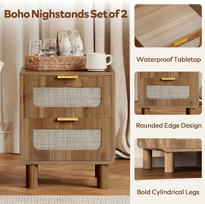 LAZZO Set of 2 Nightstands Wooden Night Stands with Rattan Drawers Home Bedside End Table for Bedroom - Image 4