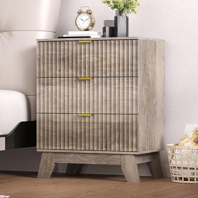 Nightstand Set of 2 with 3 Large Drawers,24" Wide End Table with Curved Metal Handles,Fluted Wood Small Dresser,Bedside Table,Modern Chest of Drawers for Bedroom,Living Room, Grey - Image 8