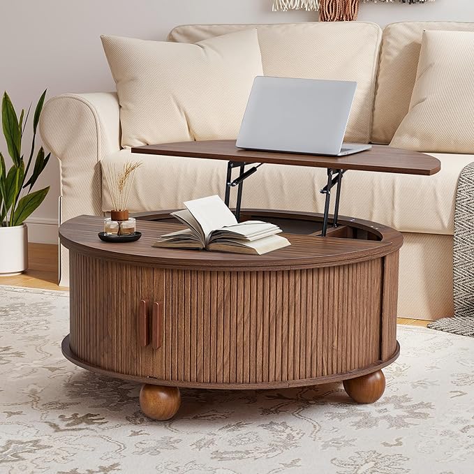 Round Lift Top Coffee Table with Hidden Storage, 33.5'' Mid-Century Modern Fluted Coffee Table with Sliding Tambour Door & Solid Wood Legs, Circle Center Table for Living Room, Small Space (Walnut)
