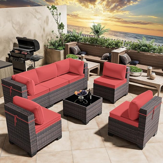 7 Pieces Outdoor Patio Furniture Set,Outdoor Sectional Furniture All Weather PE Rattan Wicker Patio Conversation Set with Coffee Table and 6 Thickened Cushions,Red