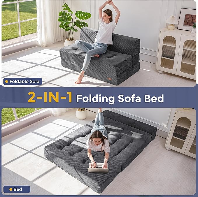 MAXYOYO 8" Folding Sofa Bed, Convertible Sleeper Sofa Lounger Foldable Mattress, Wedge Shape Floor Couch Tufted Fold Out Chair Bed Comfy Floor Couch Lounge for Living Room Bedroom, Loveseat, Dark Grey