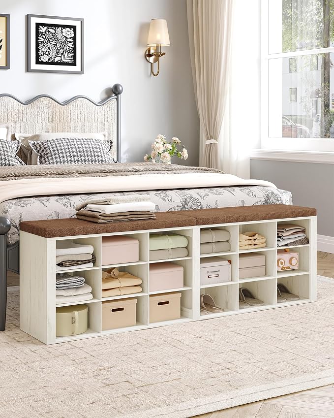 Hzuaneri Shoe Storage Bench with Cushion, Entryway Storage Bench with 18 Cubbies, 9.5" Widened Organizer Cabinet, Long Cubby Rack for Living Room, Bedroom, Entryway, White and Brown SB25714KA - Image 8