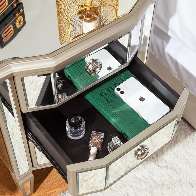 SHYFOY Mirrored Gold Nightstand with 3 Drawers, Antique Bed Side Table Night Stand, Mirror Finished Modern Accent Bedside Table, Glass Nightstand for Bedroom Living Room - Image 6