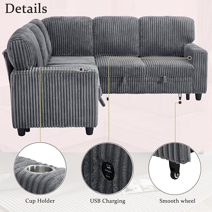81" Modular Sectional Sofa, L-Shaped Convertible Sectional Sleeper Sofa Bed with Pull Out Bed, Storage Chaise, USB & Type-C Charging, 5-Seat Corduroy Couch for Living Room Apartment, Grey