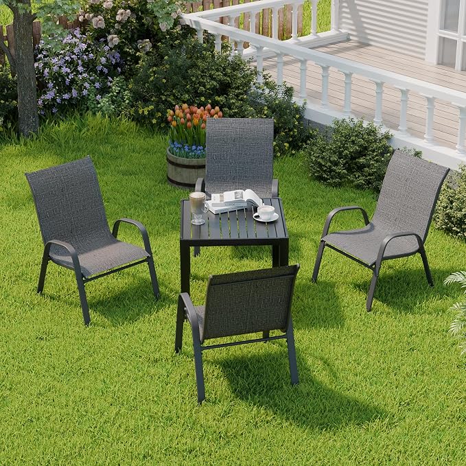 Patio Chairs, Stackable Outdoor Dining Chairs for All Weather, Metal Modern Outside Furniture Chair for Pool Side, Garden, Backyard Deck, Set of 4, Dark Grey - Image 5